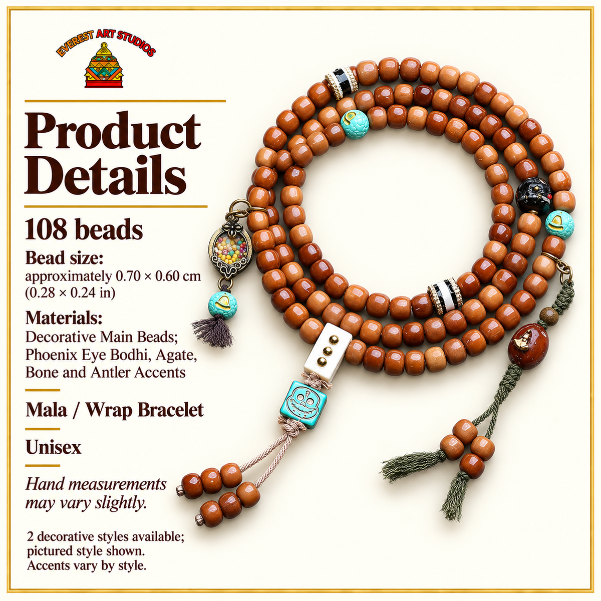 EverestArtstudios 108-Bead Mala with Phoenix Eye Bodhi, Agate and Antler Accents — specifications