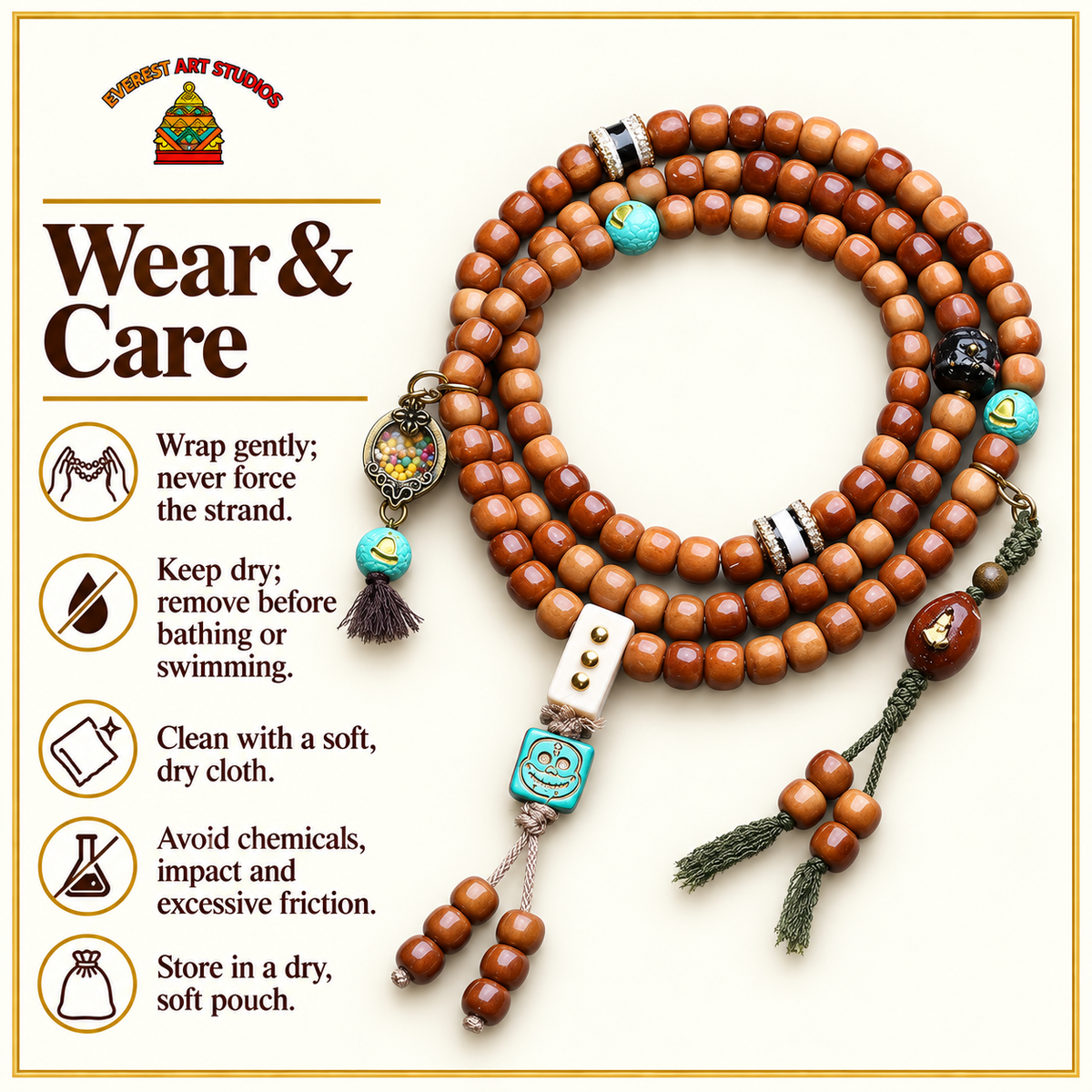 EverestArtstudios 108-Bead Mala with Phoenix Eye Bodhi, Agate and Antler Accents — care