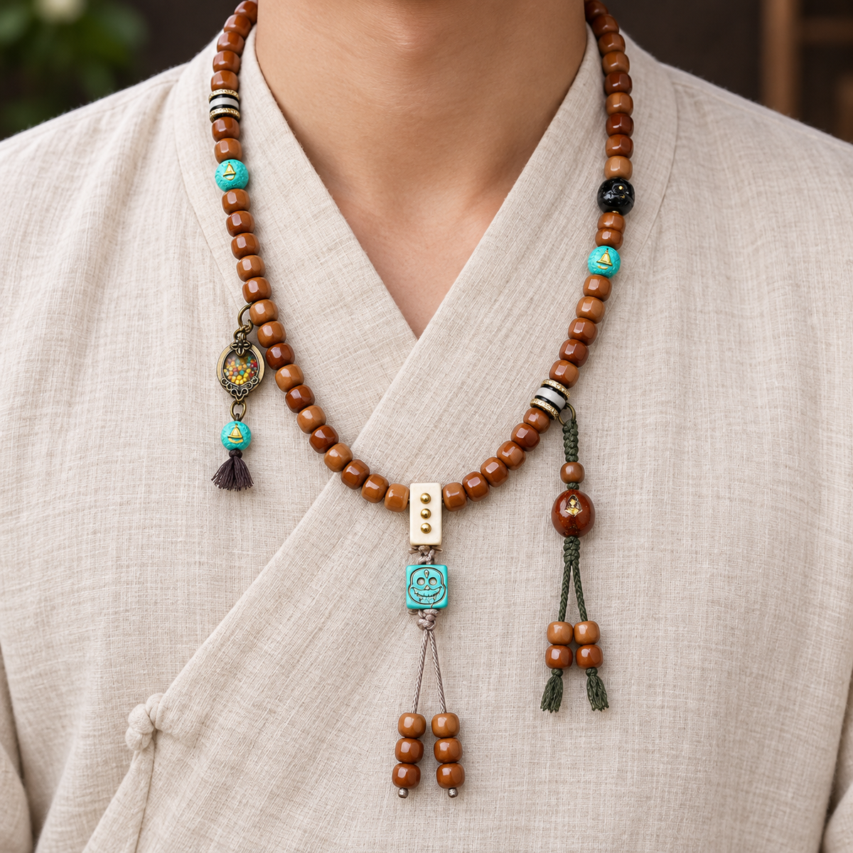 EverestArtstudios 108-Bead Mala with Phoenix Eye Bodhi, Agate and Antler Accents — linen front