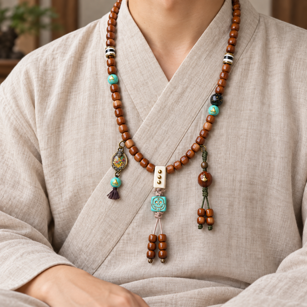 EverestArtstudios 108-Bead Mala with Phoenix Eye Bodhi, Agate and Antler Accents — linen seated