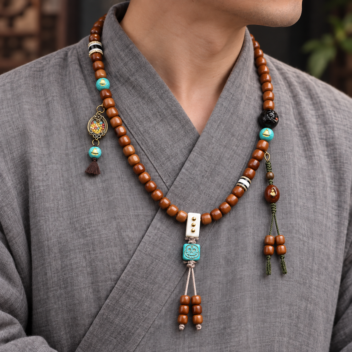 EverestArtstudios 108-Bead Mala with Phoenix Eye Bodhi, Agate and Antler Accents — linen side