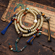 EverestArtstudios Bamboo-Pattern 108-Bead Mala with Carved Charms and Tassels — full product