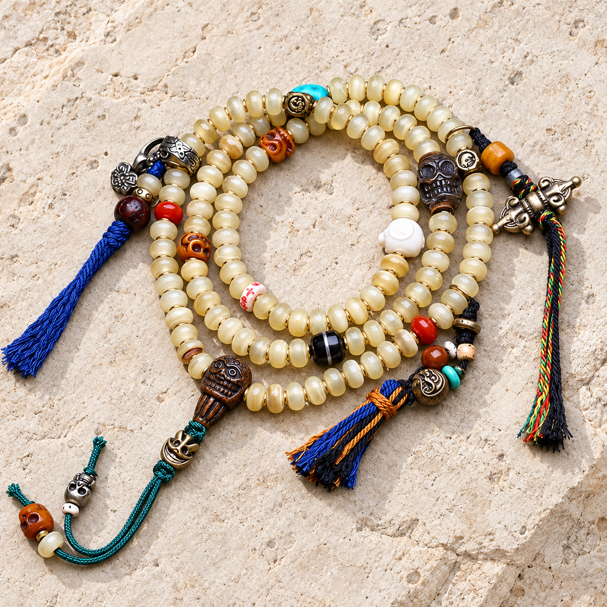 EverestArtstudios Bamboo-Pattern 108-Bead Mala with Carved Charms and Tassels — overall display