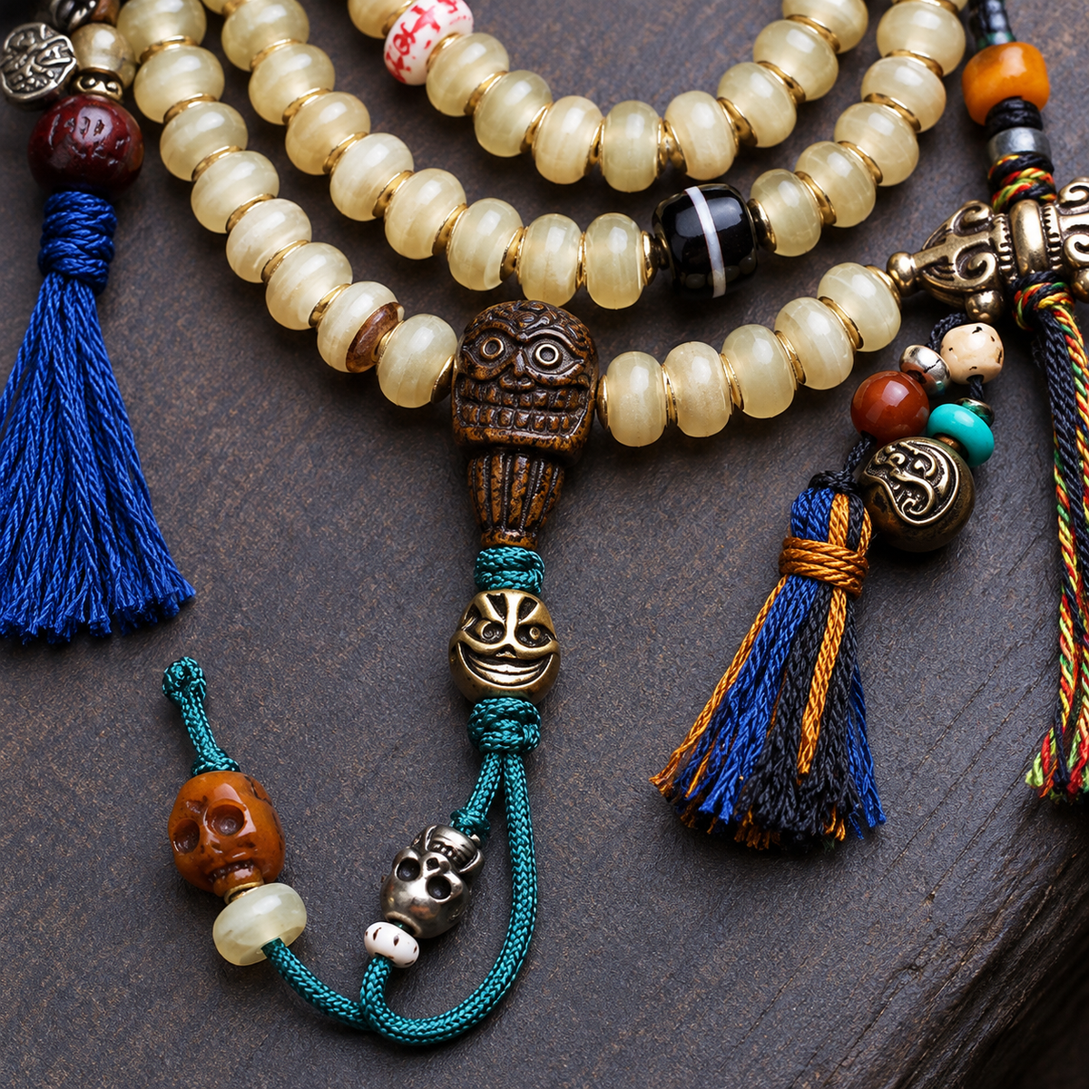 EverestArtstudios Bamboo-Pattern 108-Bead Mala with Carved Charms and Tassels — connection detail