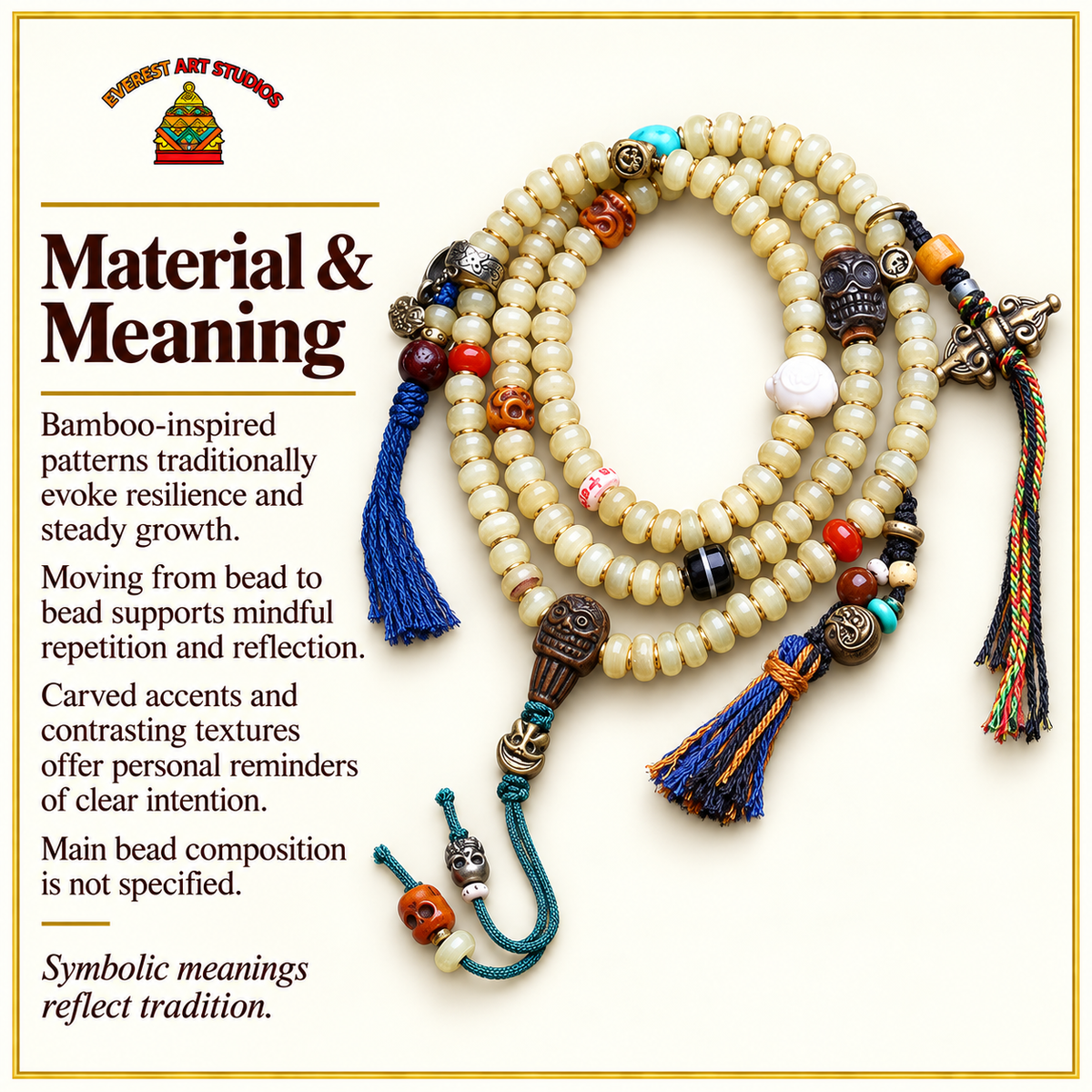 EverestArtstudios Bamboo-Pattern 108-Bead Mala with Carved Charms and Tassels — materials meaning