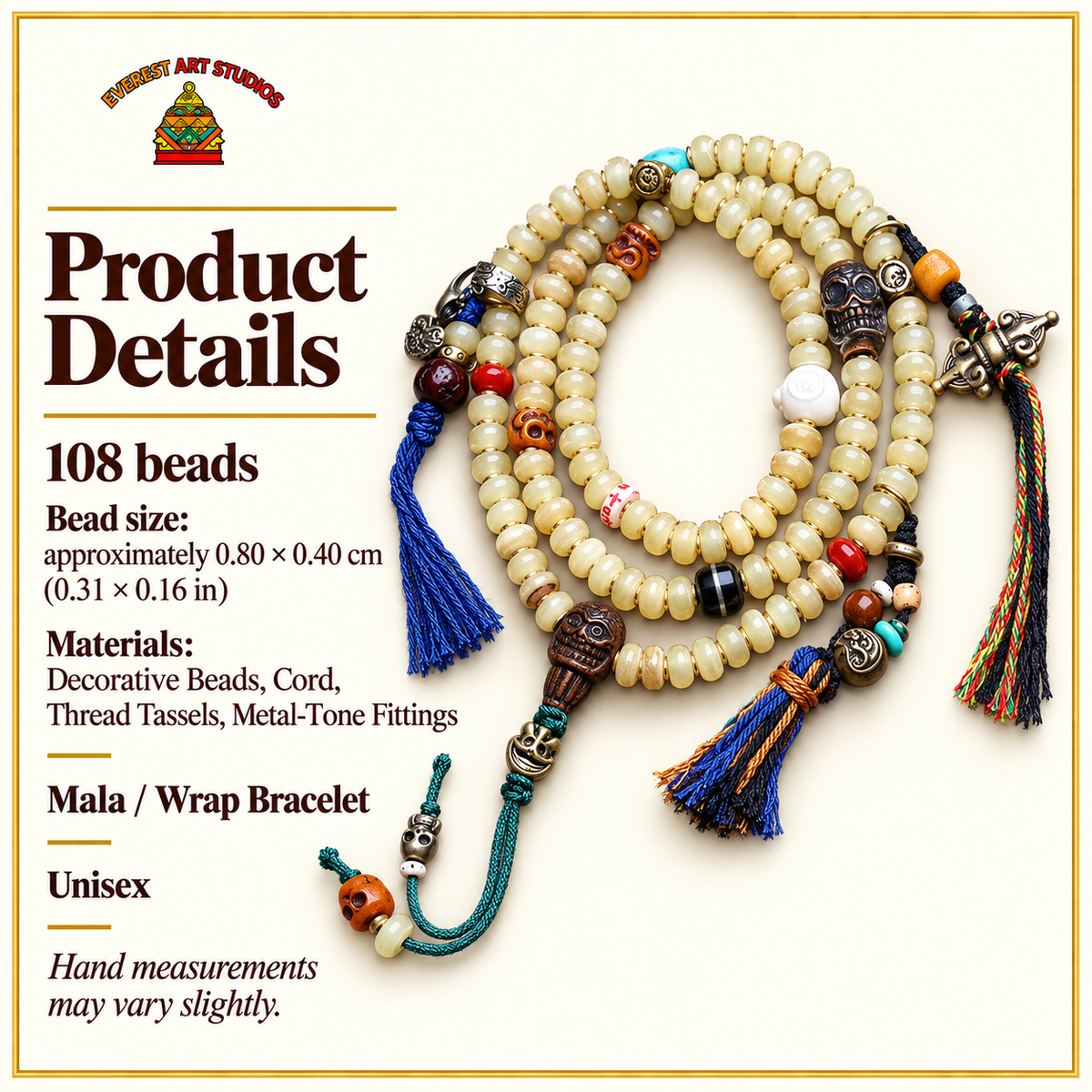 EverestArtstudios Bamboo-Pattern 108-Bead Mala with Carved Charms and Tassels — specifications
