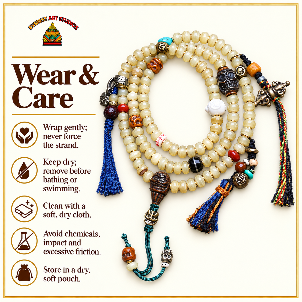 EverestArtstudios Bamboo-Pattern 108-Bead Mala with Carved Charms and Tassels — care