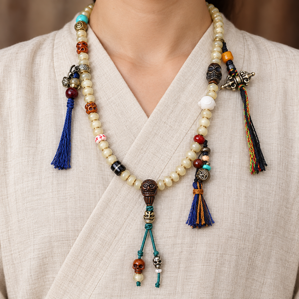 EverestArtstudios Bamboo-Pattern 108-Bead Mala with Carved Charms and Tassels — linen front