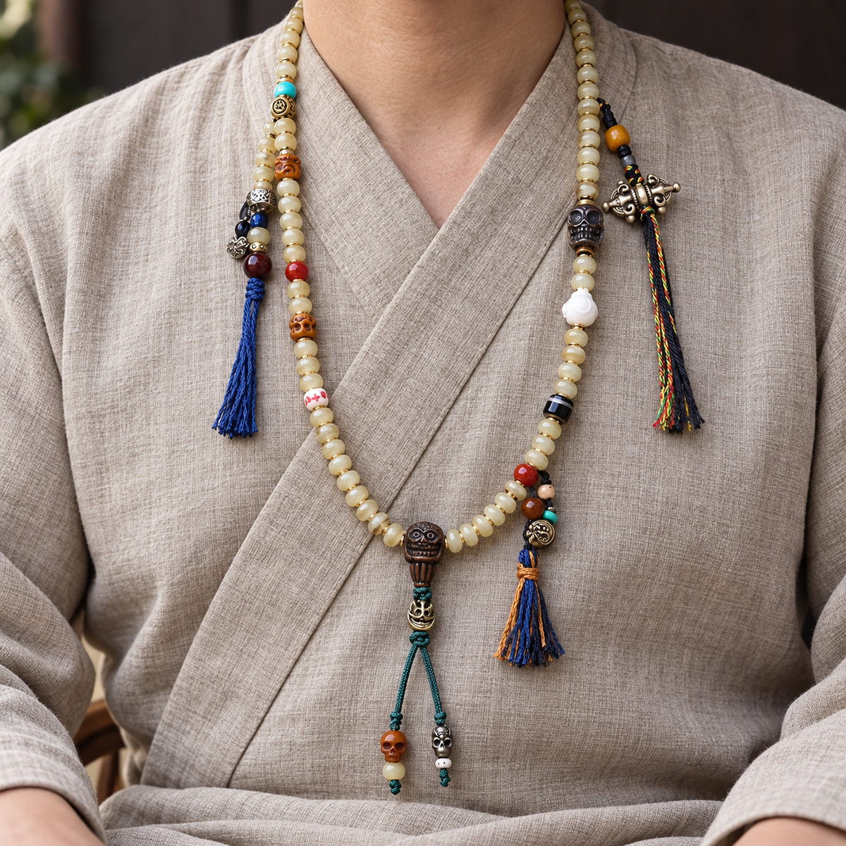 EverestArtstudios Bamboo-Pattern 108-Bead Mala with Carved Charms and Tassels — linen seated