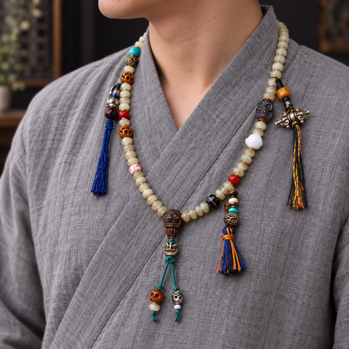EverestArtstudios Bamboo-Pattern 108-Bead Mala with Carved Charms and Tassels — linen side