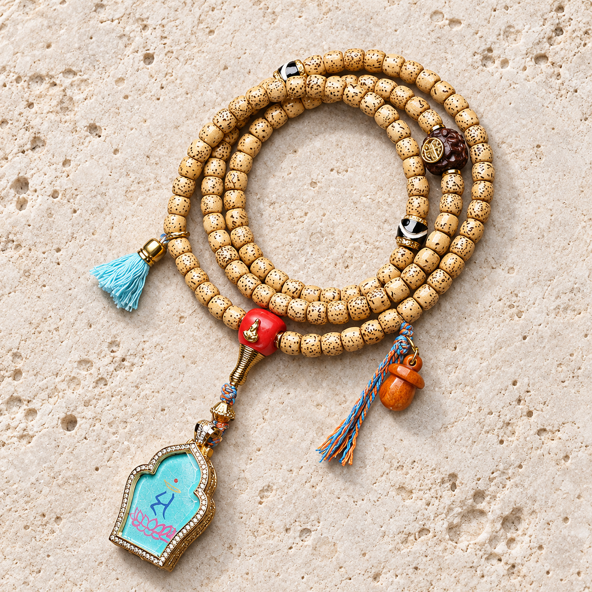 EverestArtstudios Xingyue Bodhi 108-Bead Mala with Manjushri-Inspired Thangka Pendant — overall display