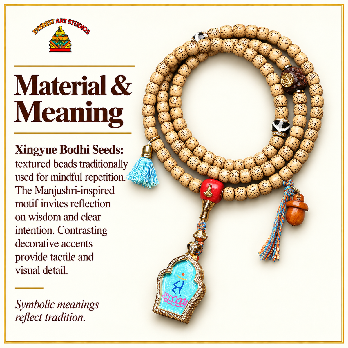 EverestArtstudios Xingyue Bodhi 108-Bead Mala with Manjushri-Inspired Thangka Pendant — materials meaning