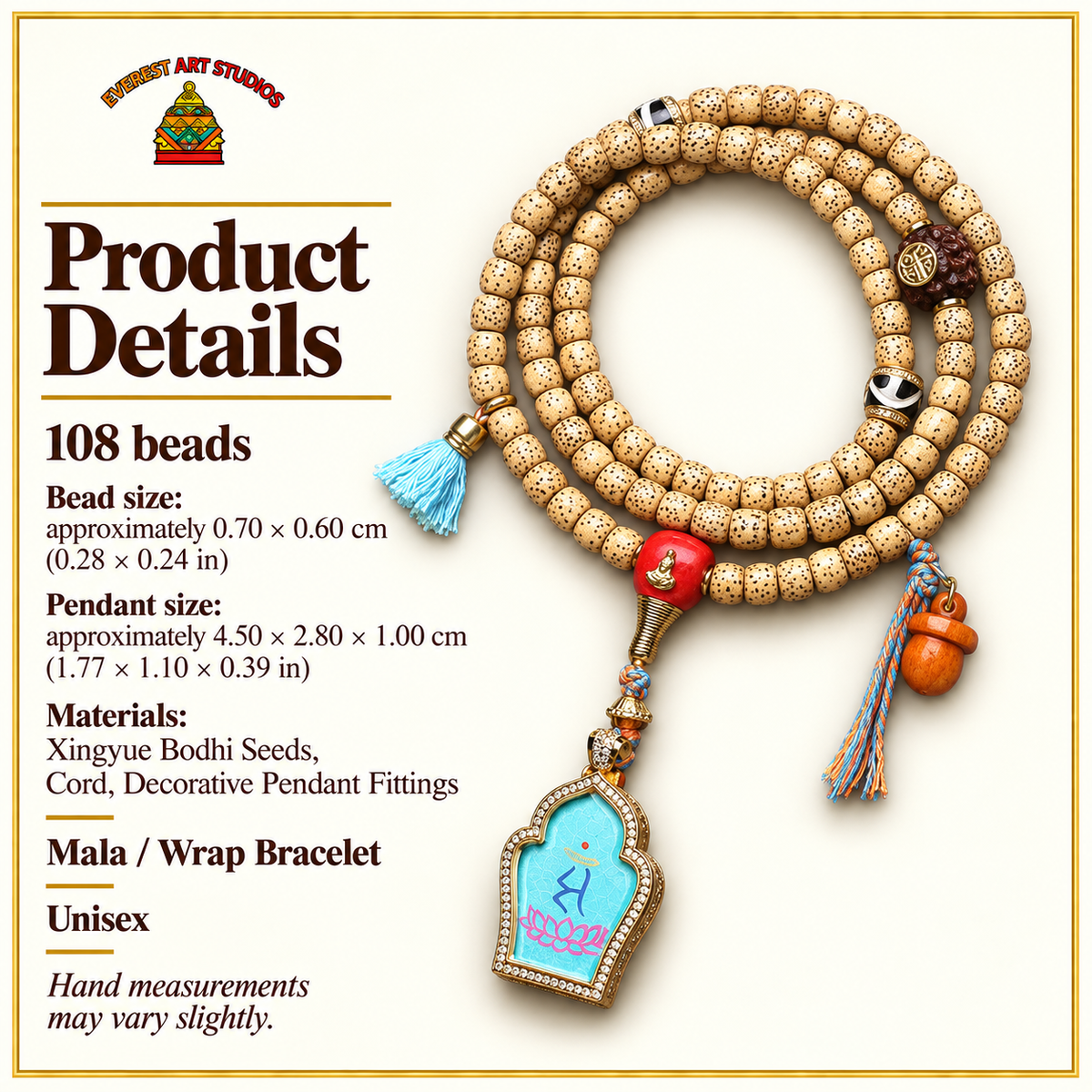 EverestArtstudios Xingyue Bodhi 108-Bead Mala with Manjushri-Inspired Thangka Pendant — specifications
