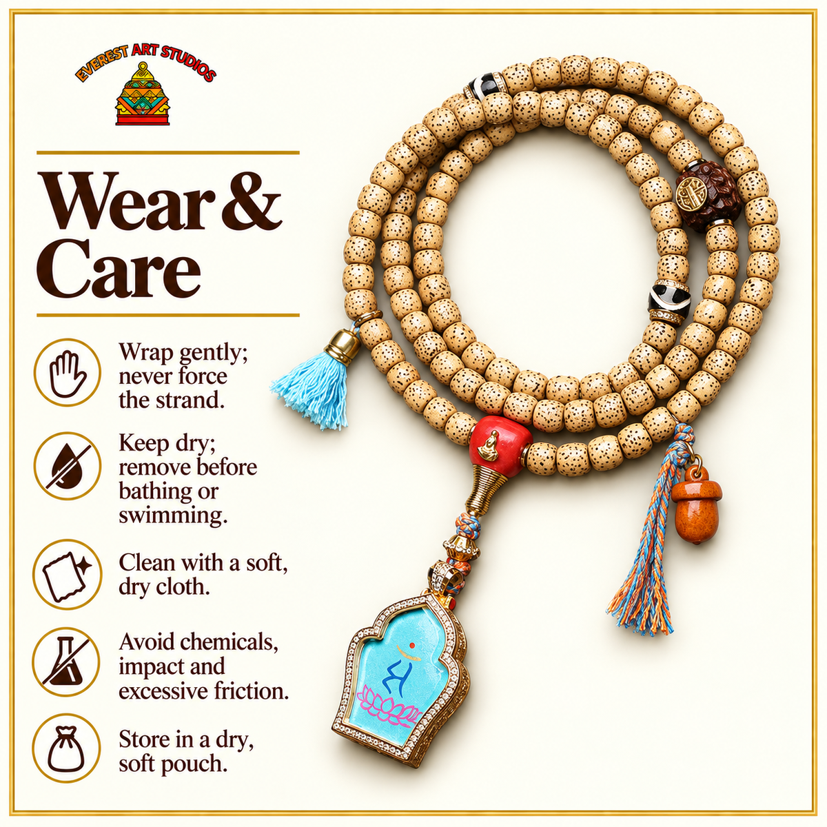 EverestArtstudios Xingyue Bodhi 108-Bead Mala with Manjushri-Inspired Thangka Pendant — care
