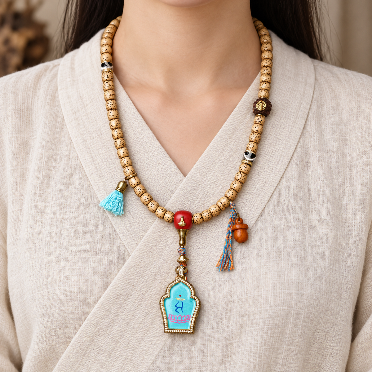 EverestArtstudios Xingyue Bodhi 108-Bead Mala with Manjushri-Inspired Thangka Pendant — linen front