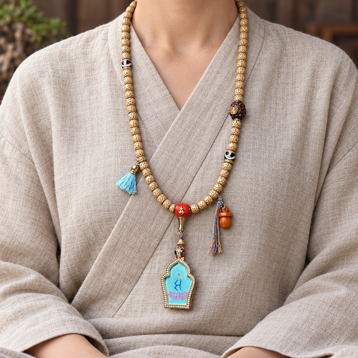 EverestArtstudios Xingyue Bodhi 108-Bead Mala with Manjushri-Inspired Thangka Pendant — linen seated