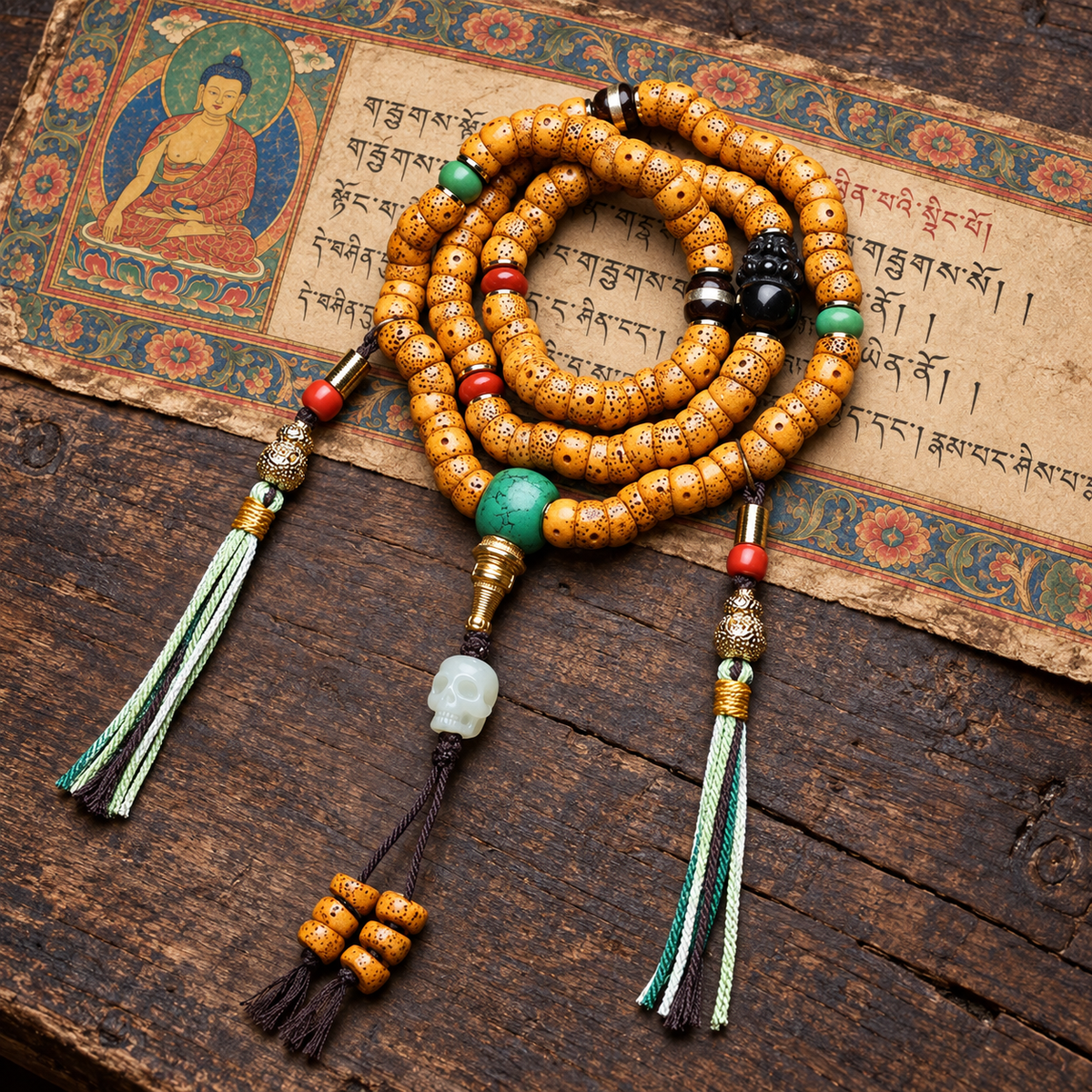 EverestArtstudios Xingyue Bodhi 108-Bead Mala with Obsidian, Turquoise and Agate — full product
