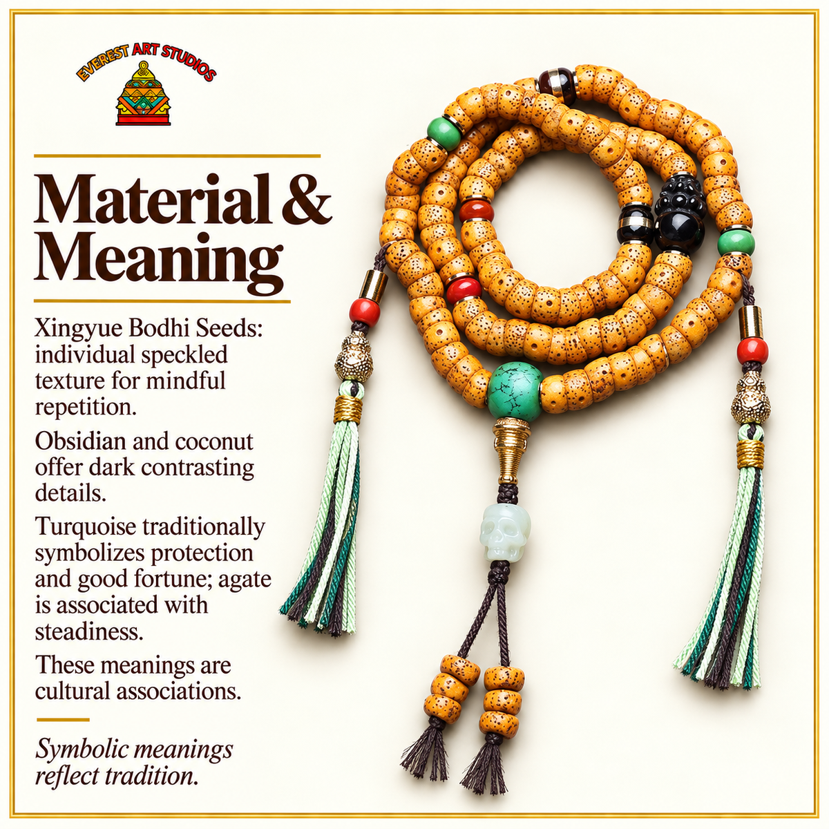 EverestArtstudios Xingyue Bodhi 108-Bead Mala with Obsidian, Turquoise and Agate — materials meaning
