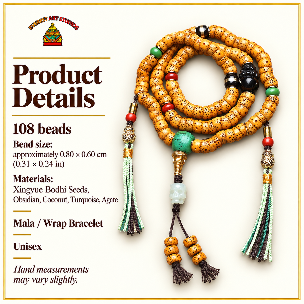 EverestArtstudios Xingyue Bodhi 108-Bead Mala with Obsidian, Turquoise and Agate — specifications