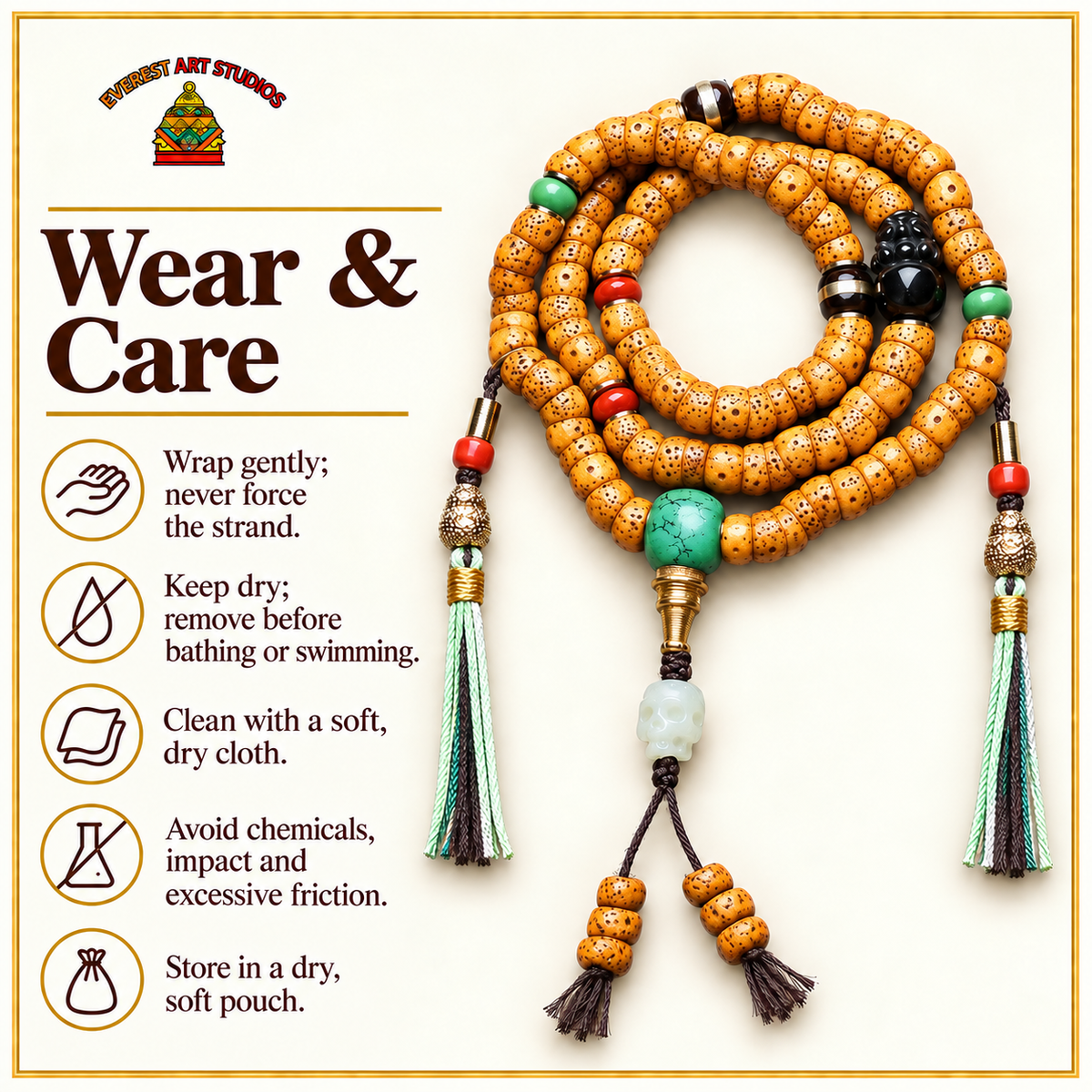 EverestArtstudios Xingyue Bodhi 108-Bead Mala with Obsidian, Turquoise and Agate — care