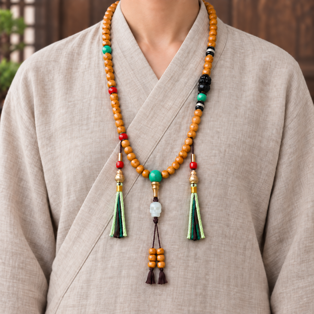 EverestArtstudios Xingyue Bodhi 108-Bead Mala with Obsidian, Turquoise and Agate — linen front