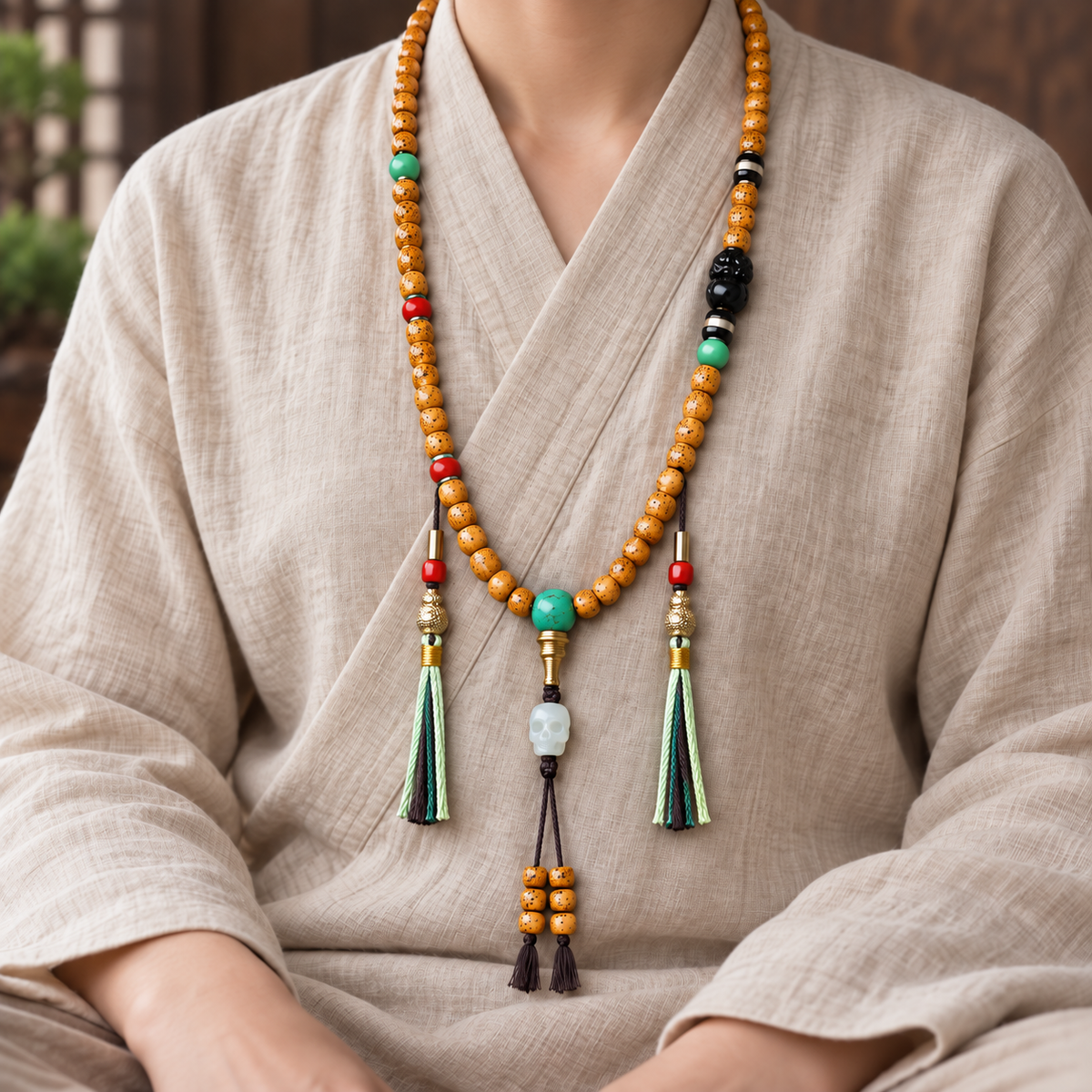 EverestArtstudios Xingyue Bodhi 108-Bead Mala with Obsidian, Turquoise and Agate — linen seated