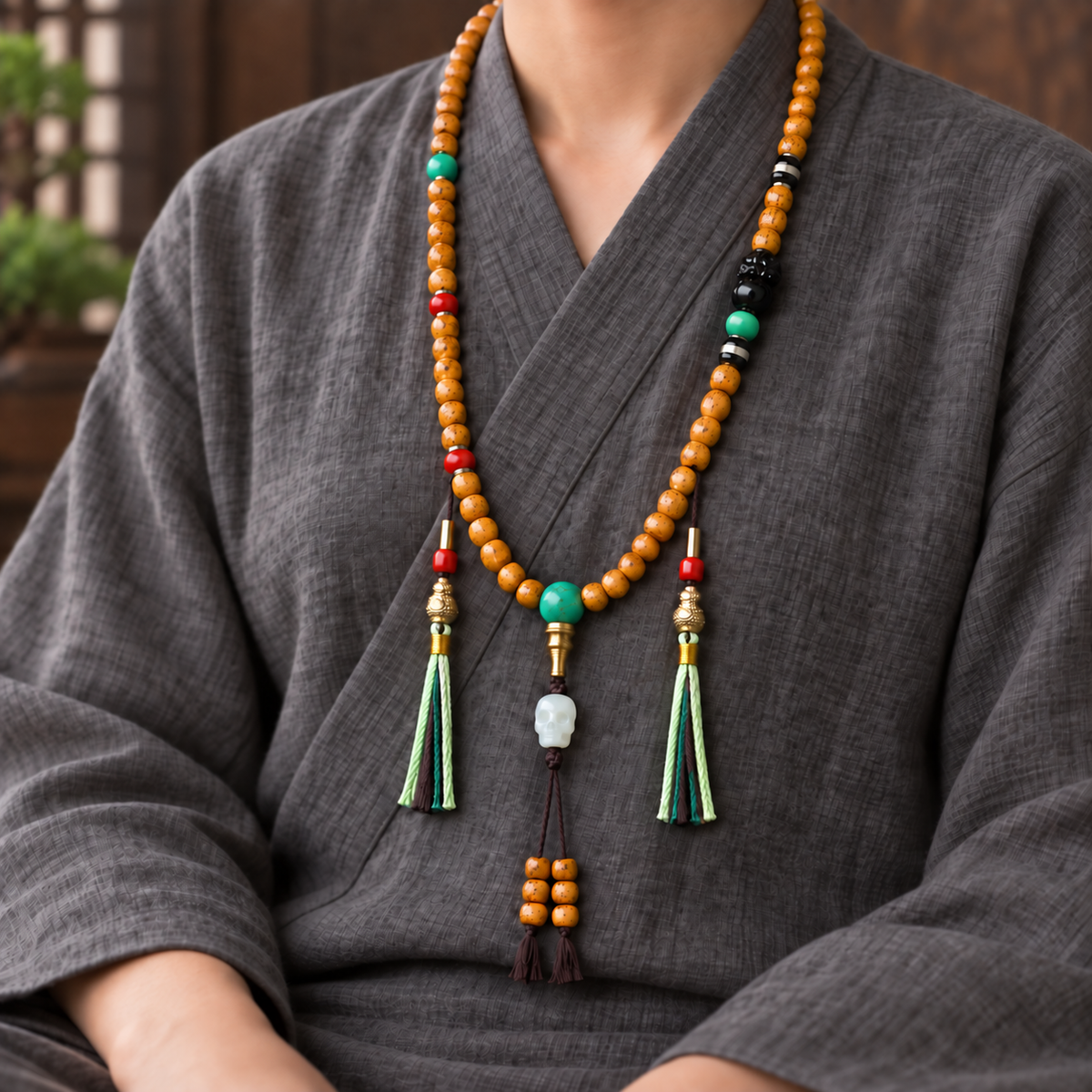 EverestArtstudios Xingyue Bodhi 108-Bead Mala with Obsidian, Turquoise and Agate — linen side
