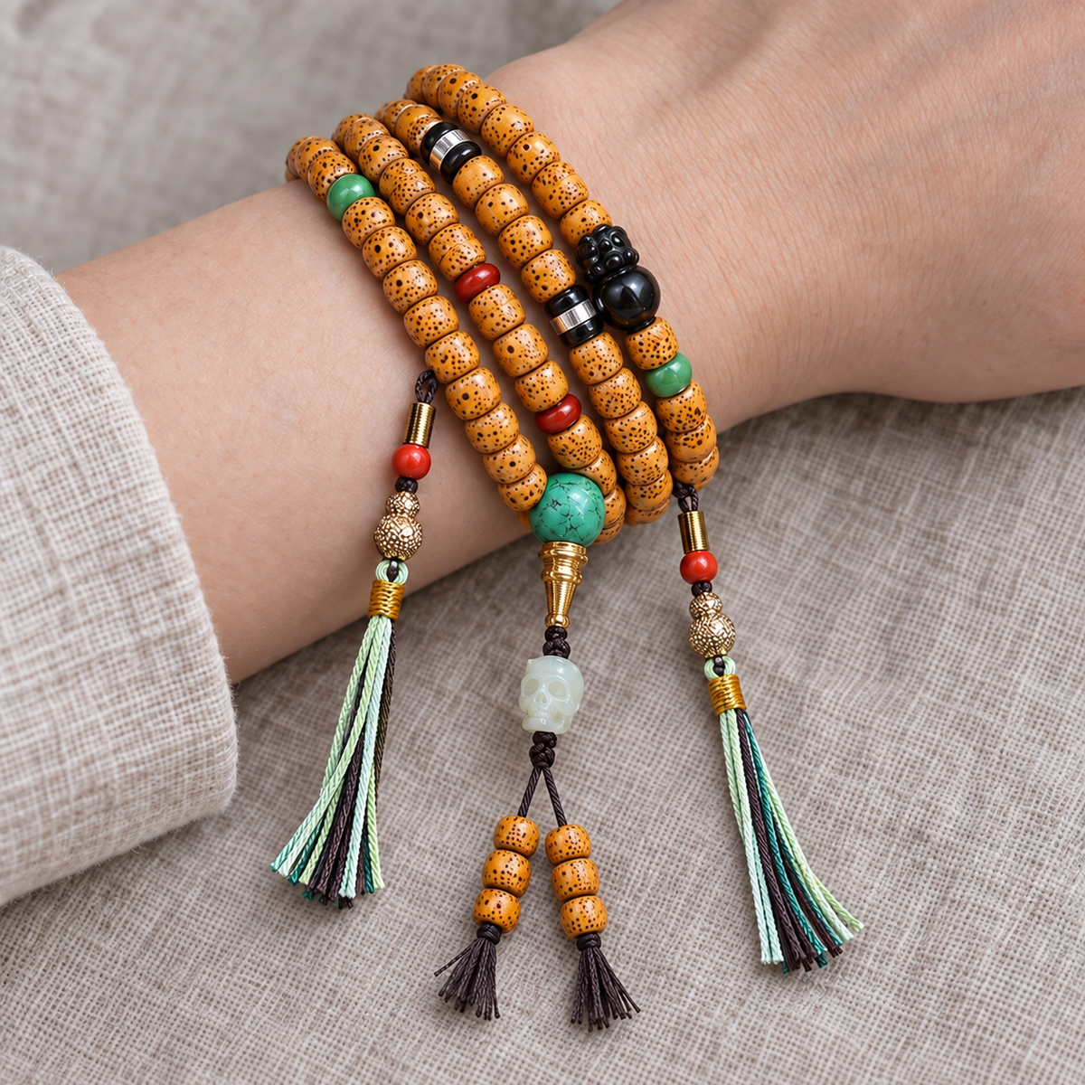 EverestArtstudios Xingyue Bodhi 108-Bead Mala with Obsidian, Turquoise and Agate — wrist resting