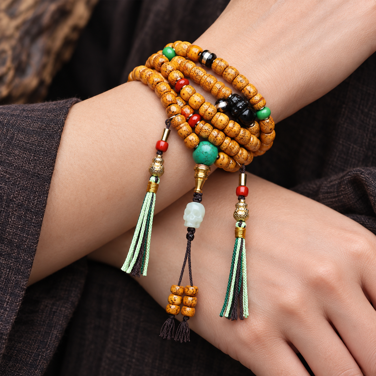EverestArtstudios Xingyue Bodhi 108-Bead Mala with Obsidian, Turquoise and Agate — wrist crossed