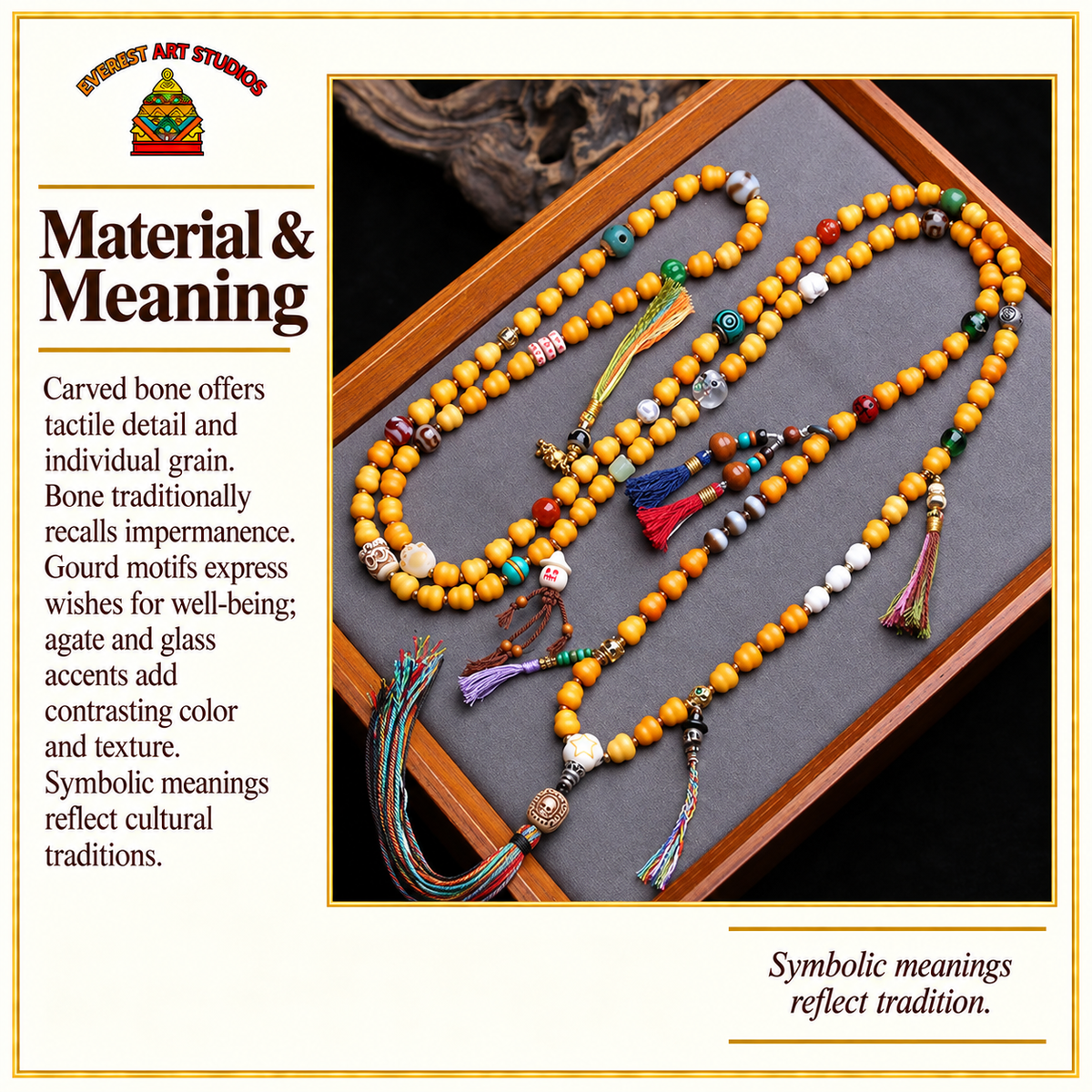 EverestArtstudios Carved Bone Mala with Gourd and Dzi-Style Agate Accents — materials meaning