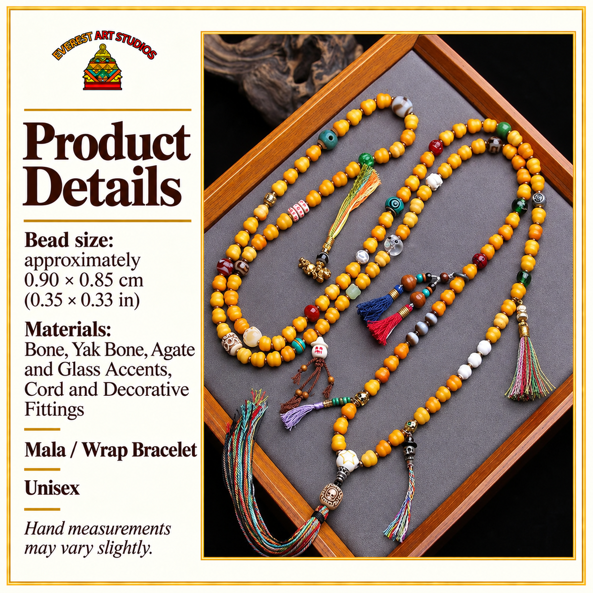 EverestArtstudios Carved Bone Mala with Gourd and Dzi-Style Agate Accents — specifications