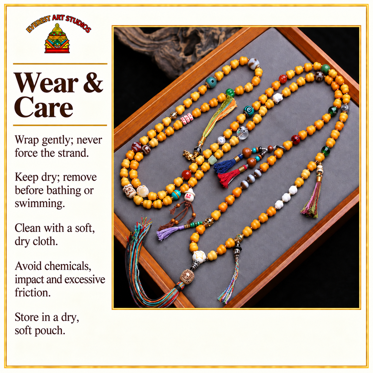 EverestArtstudios Carved Bone Mala with Gourd and Dzi-Style Agate Accents — care