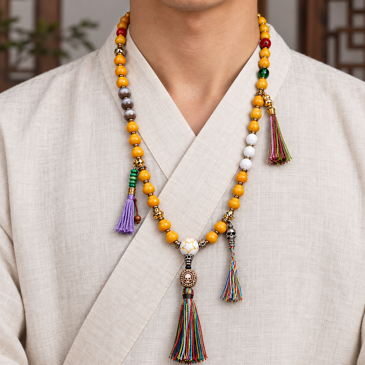 EverestArtstudios Carved Bone Mala with Gourd and Dzi-Style Agate Accents — linen front