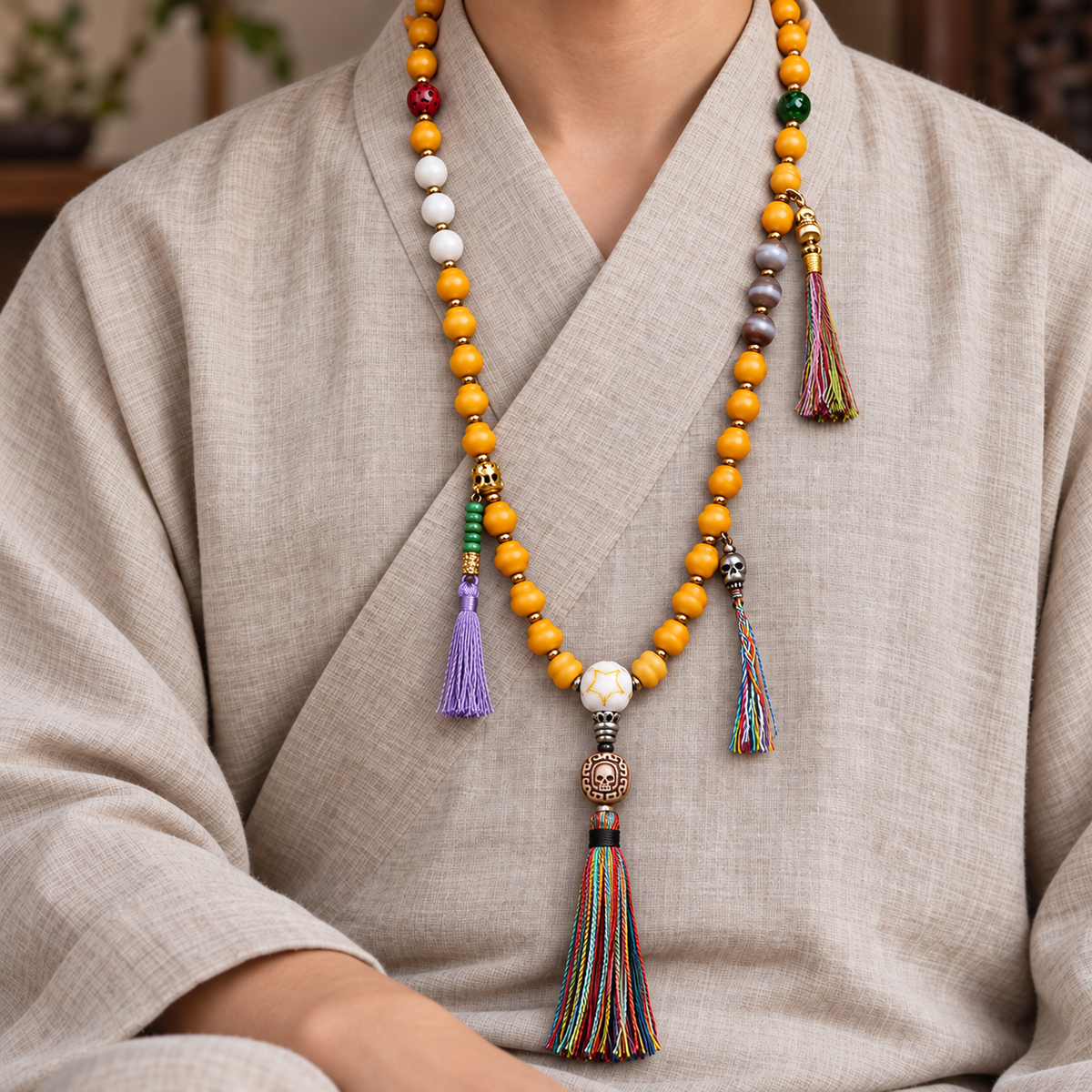 EverestArtstudios Carved Bone Mala with Gourd and Dzi-Style Agate Accents — linen seated