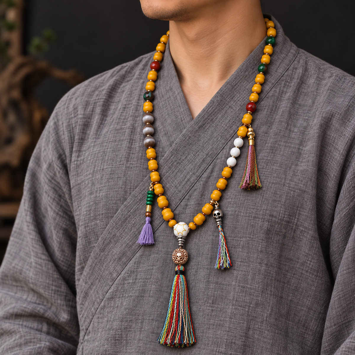 EverestArtstudios Carved Bone Mala with Gourd and Dzi-Style Agate Accents — linen side