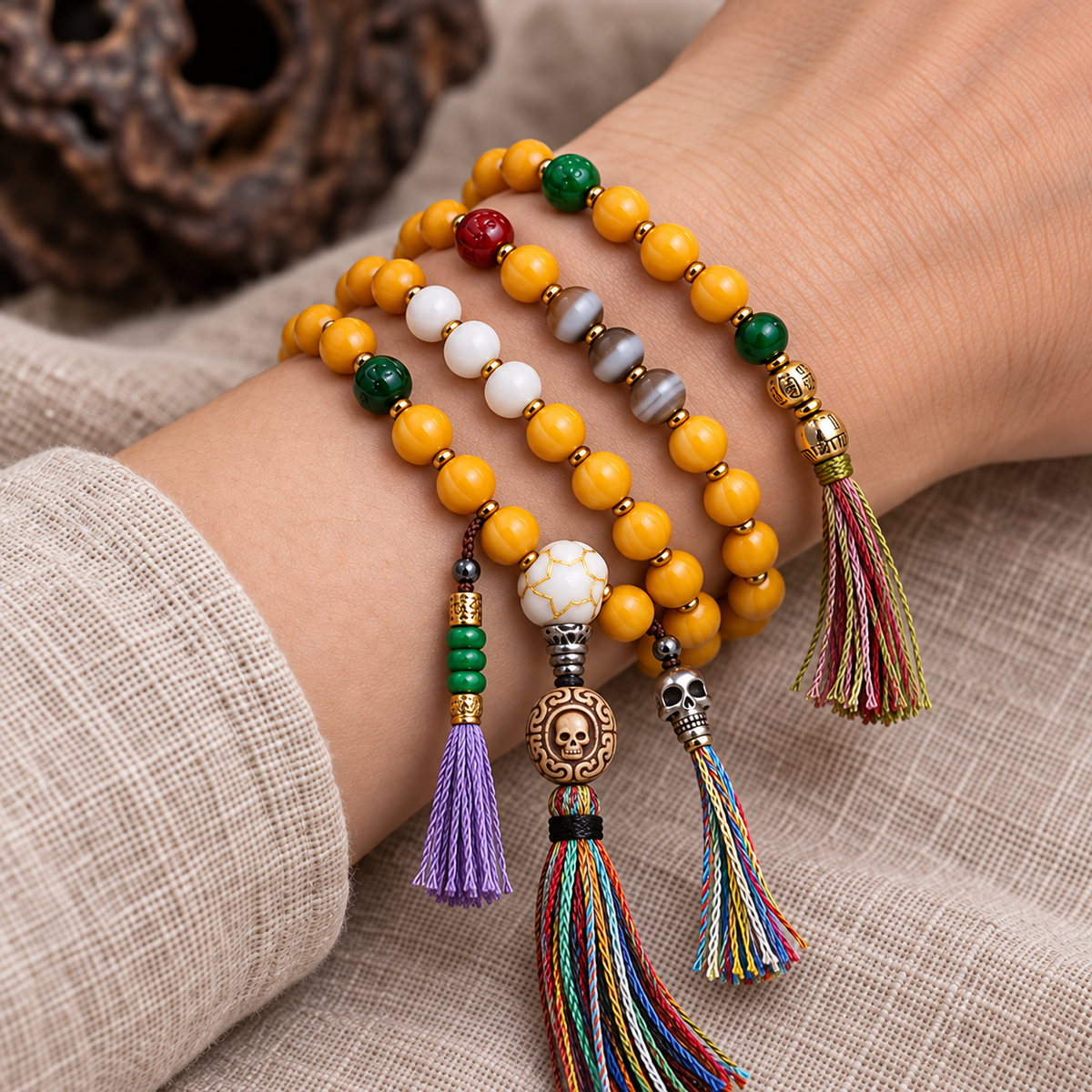EverestArtstudios Carved Bone Mala with Gourd and Dzi-Style Agate Accents — wrist resting