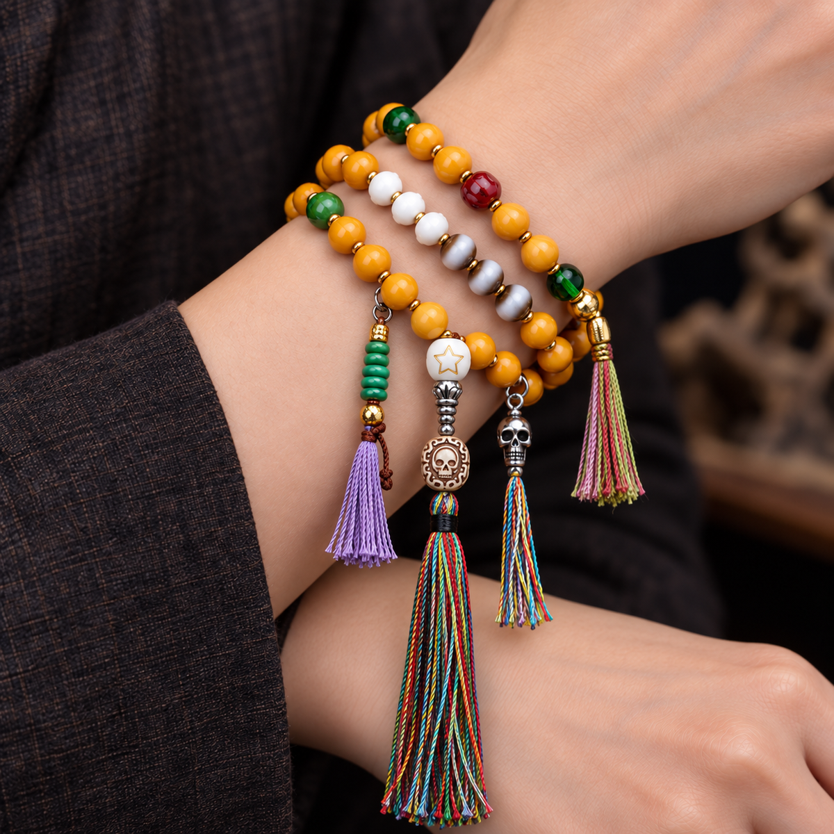 EverestArtstudios Carved Bone Mala with Gourd and Dzi-Style Agate Accents — wrist crossed