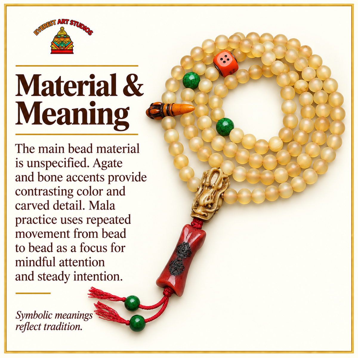 EverestArtstudios 108-Bead Mala with Agate and Bone Accents — materials meaning