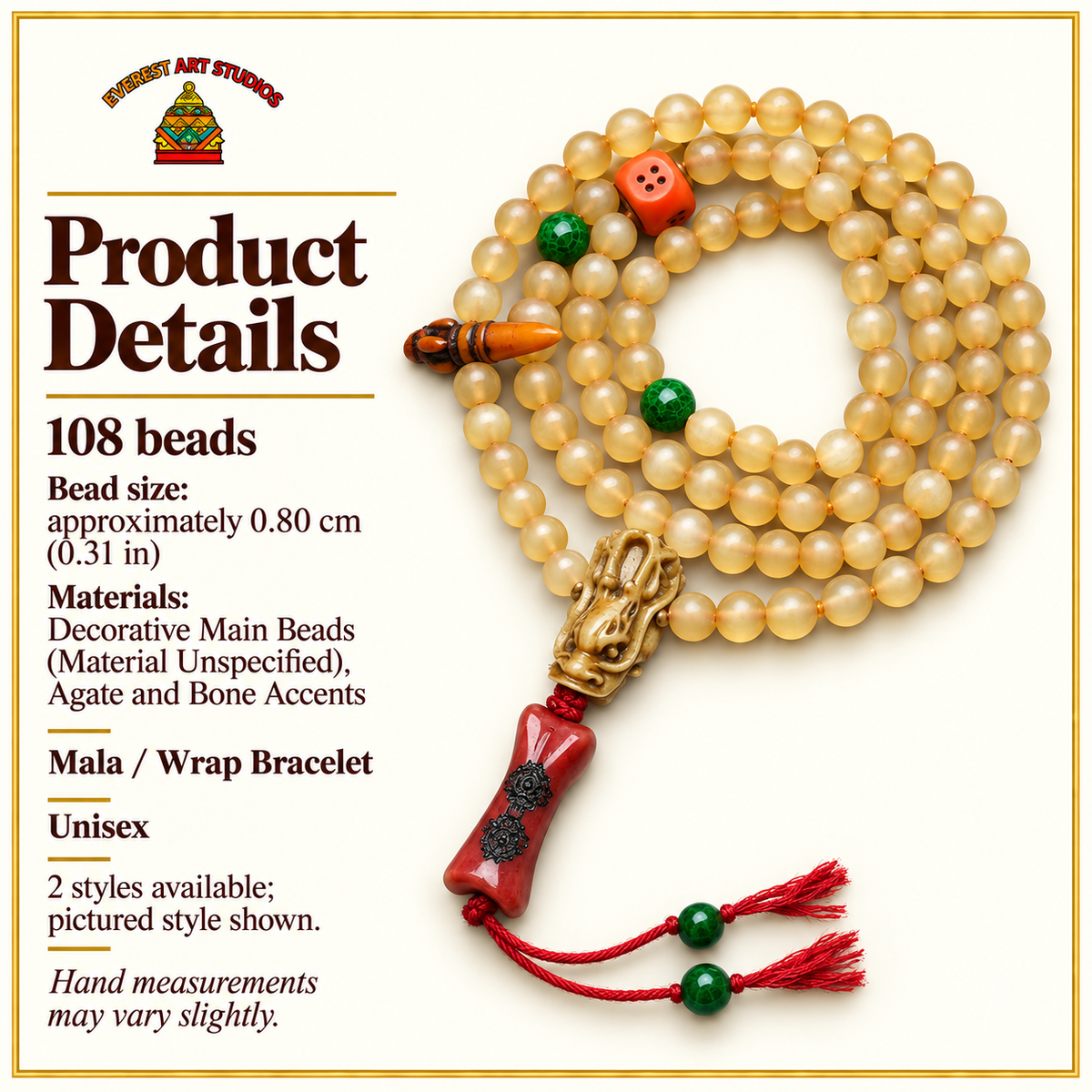 EverestArtstudios 108-Bead Mala with Agate and Bone Accents — specifications