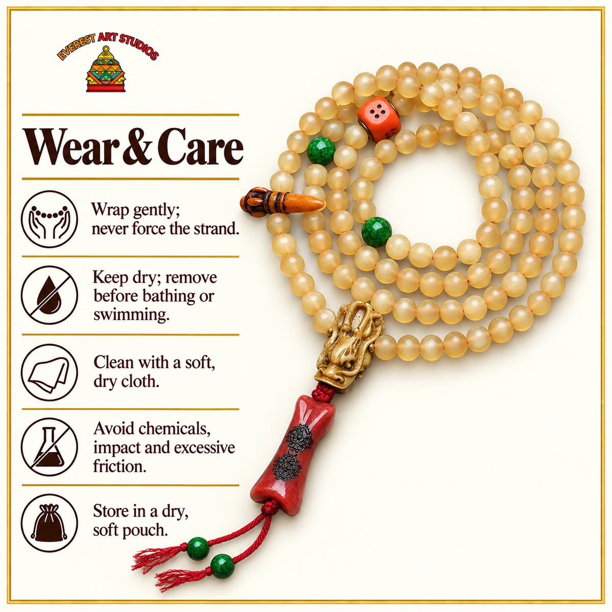 EverestArtstudios 108-Bead Mala with Agate and Bone Accents — care