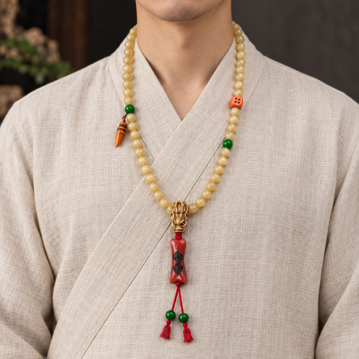 EverestArtstudios 108-Bead Mala with Agate and Bone Accents — linen front