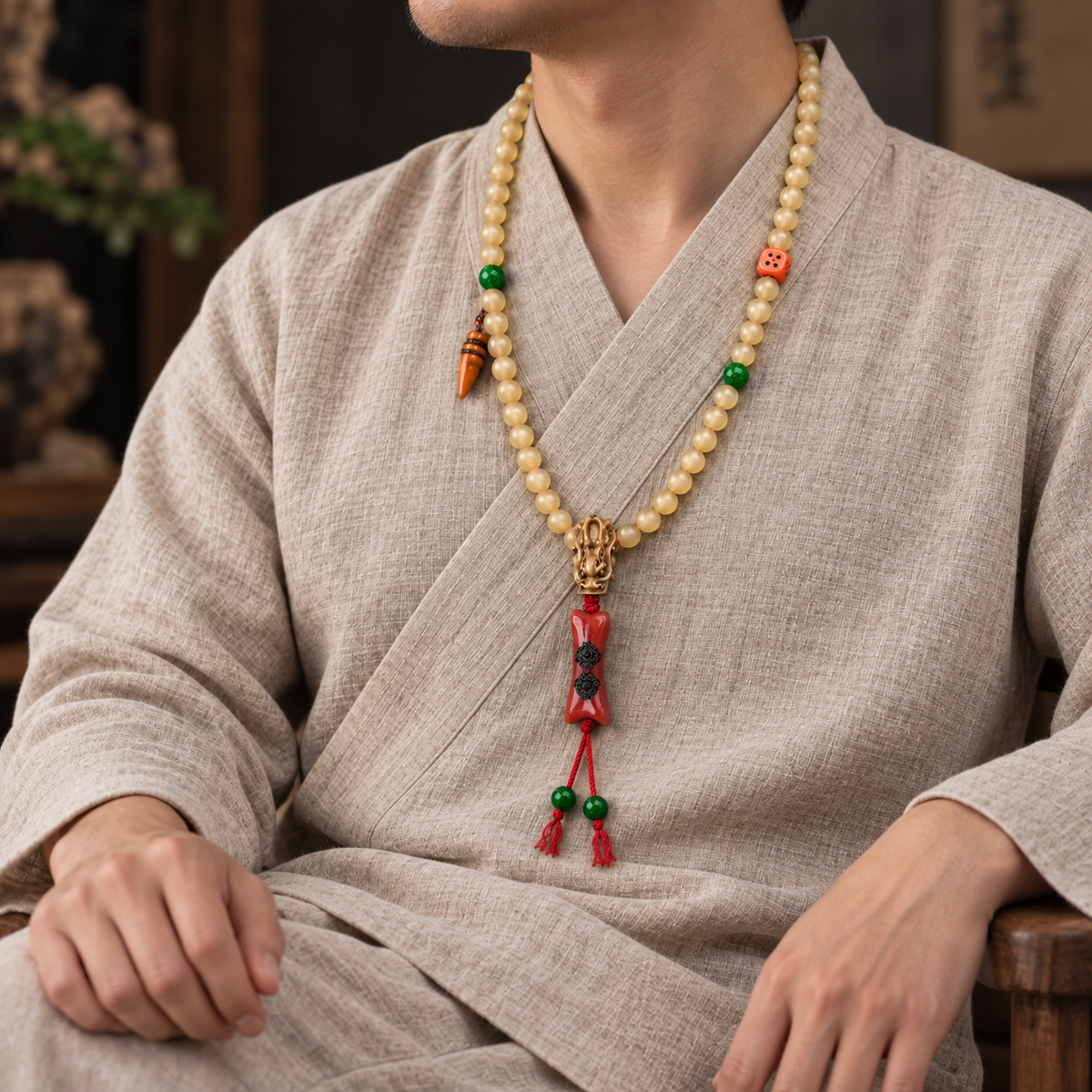 EverestArtstudios 108-Bead Mala with Agate and Bone Accents — linen seated