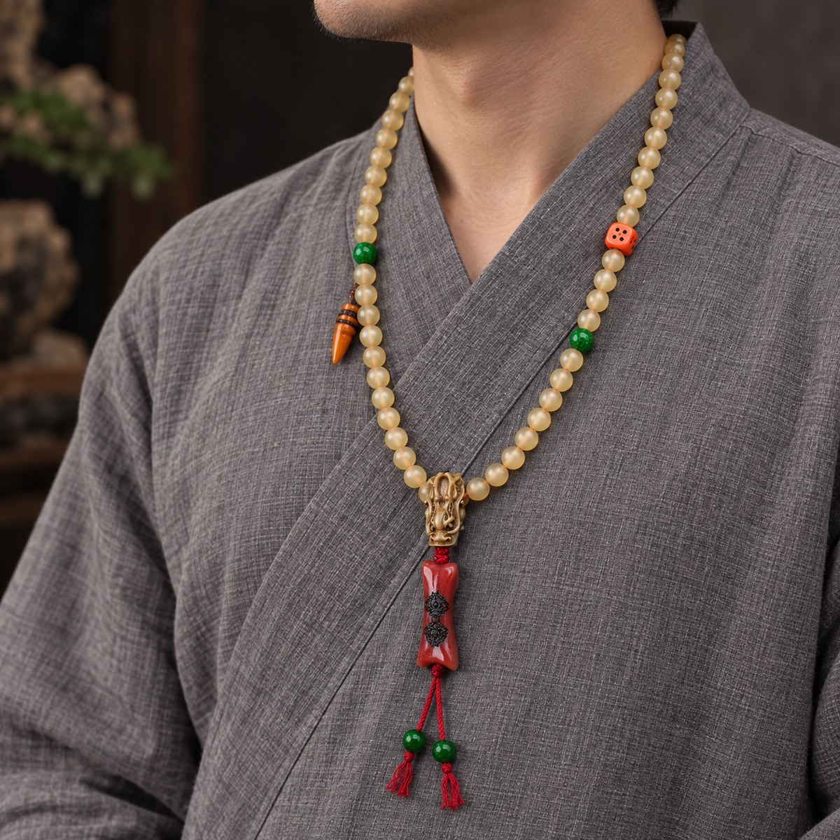 EverestArtstudios 108-Bead Mala with Agate and Bone Accents — linen side