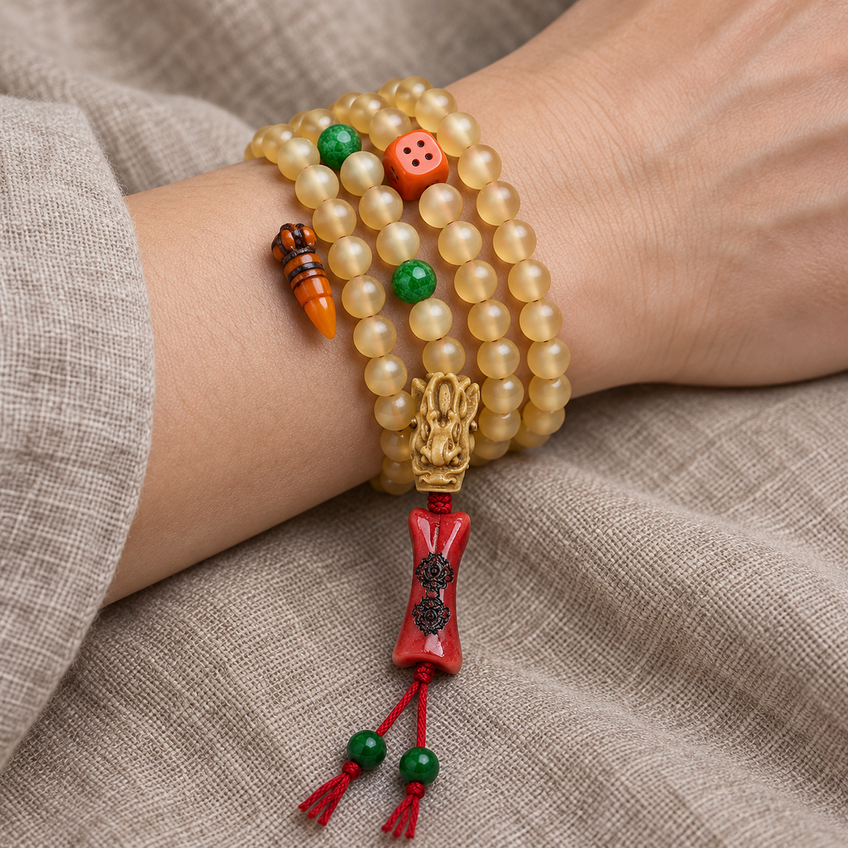 EverestArtstudios 108-Bead Mala with Agate and Bone Accents — wrist resting