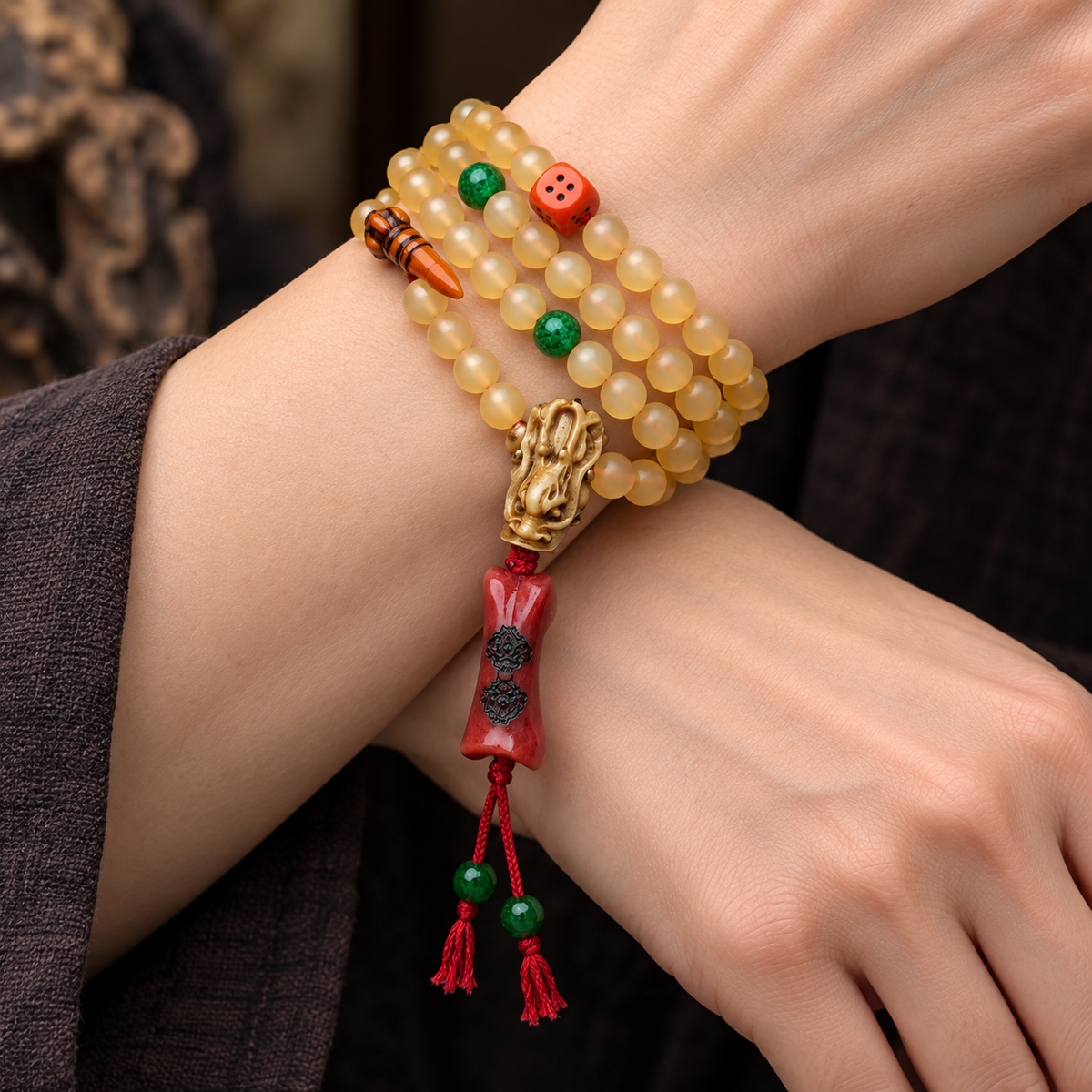 EverestArtstudios 108-Bead Mala with Agate and Bone Accents — wrist crossed
