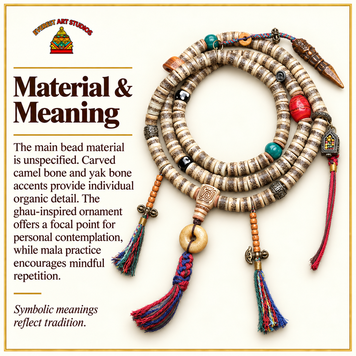 EverestArtstudios 108-Bead Mala with Camel Bone and Ghau Pendant — materials meaning