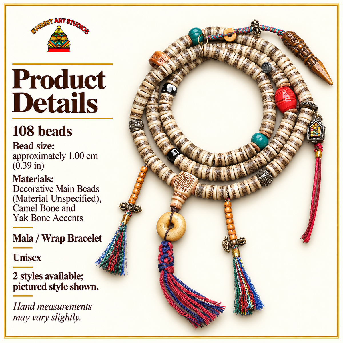 EverestArtstudios 108-Bead Mala with Camel Bone and Ghau Pendant — specifications