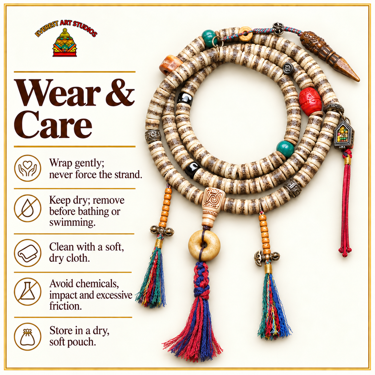 EverestArtstudios 108-Bead Mala with Camel Bone and Ghau Pendant — care