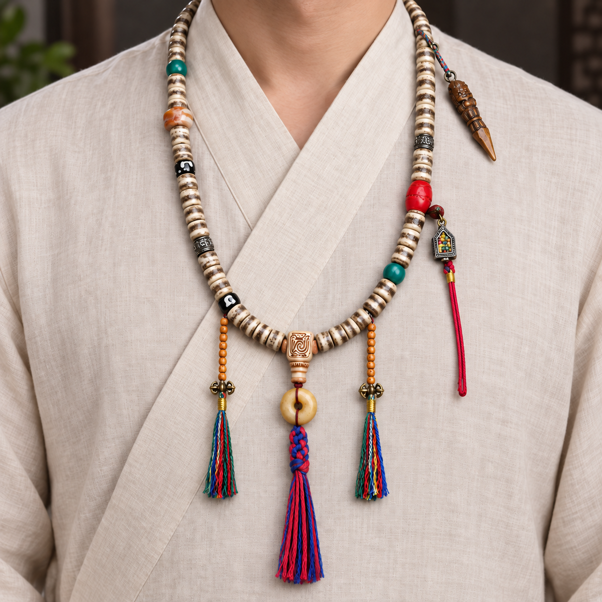 EverestArtstudios 108-Bead Mala with Camel Bone and Ghau Pendant — linen front