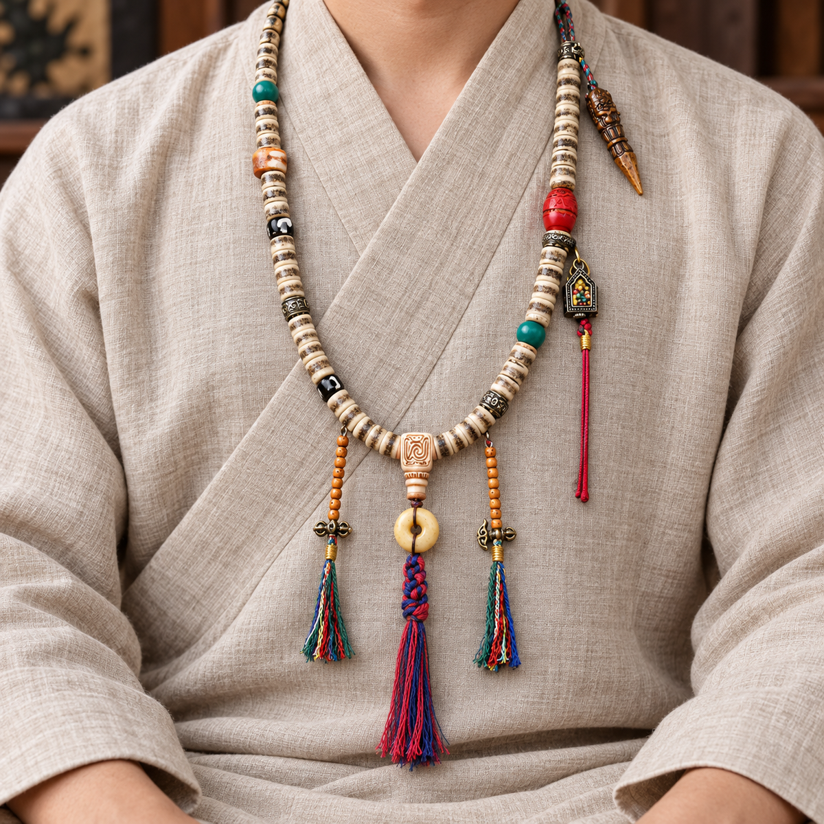 EverestArtstudios 108-Bead Mala with Camel Bone and Ghau Pendant — linen seated